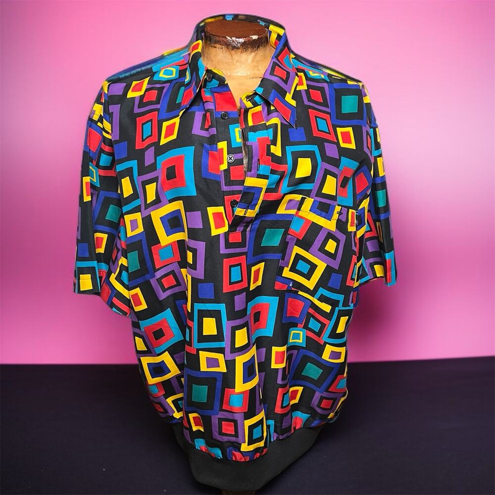 VINTAGE 80s Geometric Oversized Bowling Shirt Size XL Pullover Irvine Park